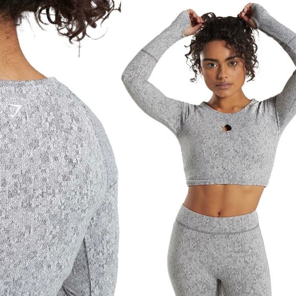 Gymshark Fleur Texture Long Sleeve Cropped Athletic Top Size XS in Charcoal Marl - Picture 1 of 7